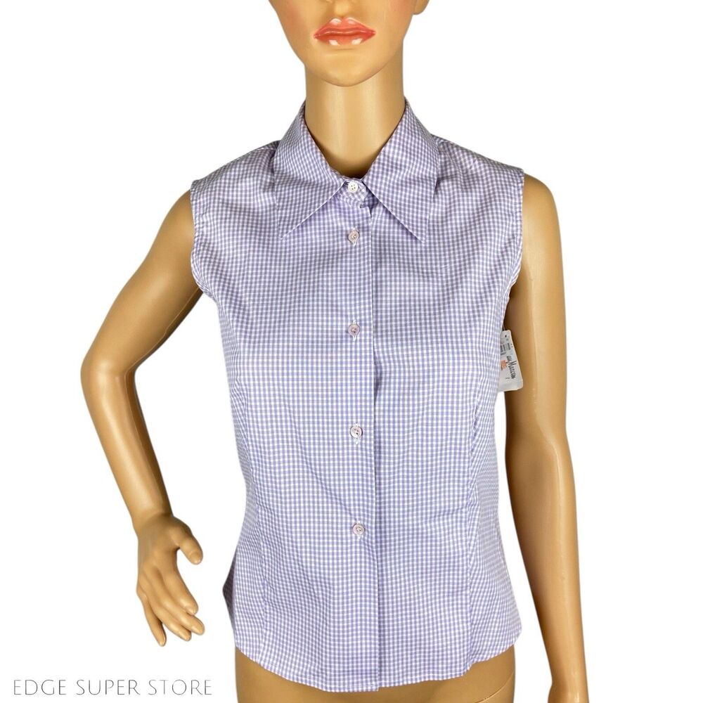 Piazza Sempione Purple White Sleeveless Check Cotton Top Blouse Shirt Size 38